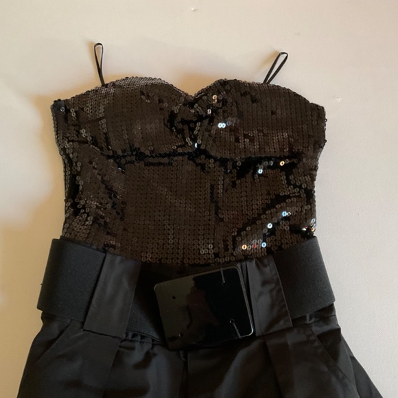 Costa Blanca Short Strapless Satin Black Dress with Sequin Top and Belt Size XS. - Picture 2 of 10